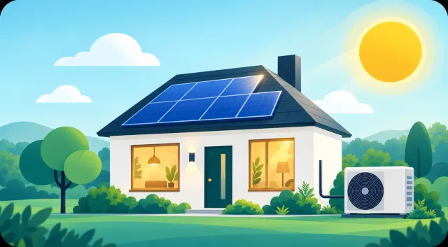 Illustration of a house with solar panels and a heat pump