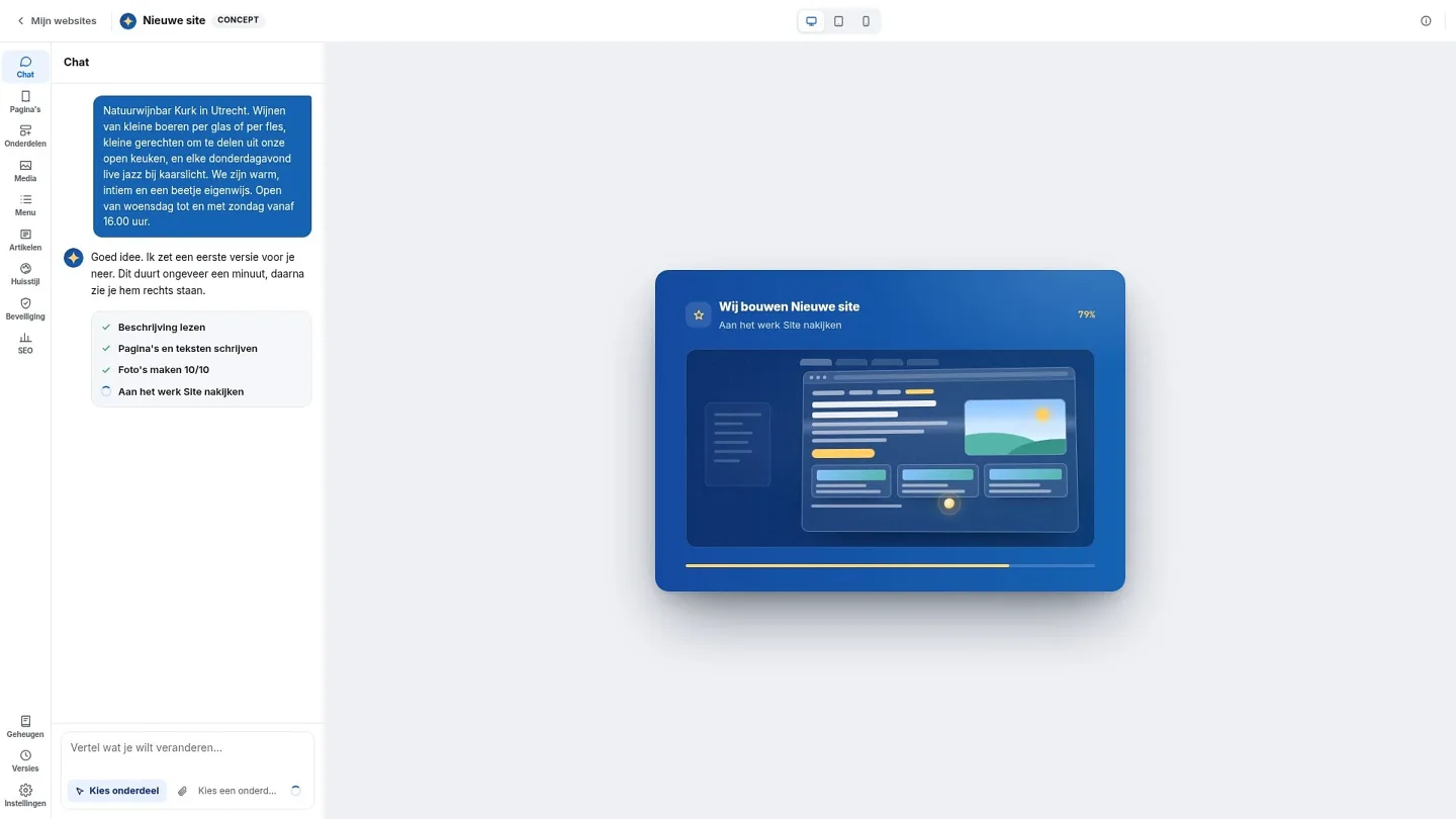 The AI Builder builds the website: on the left the chat ticks off the steps, on the right a progress bar fills up.