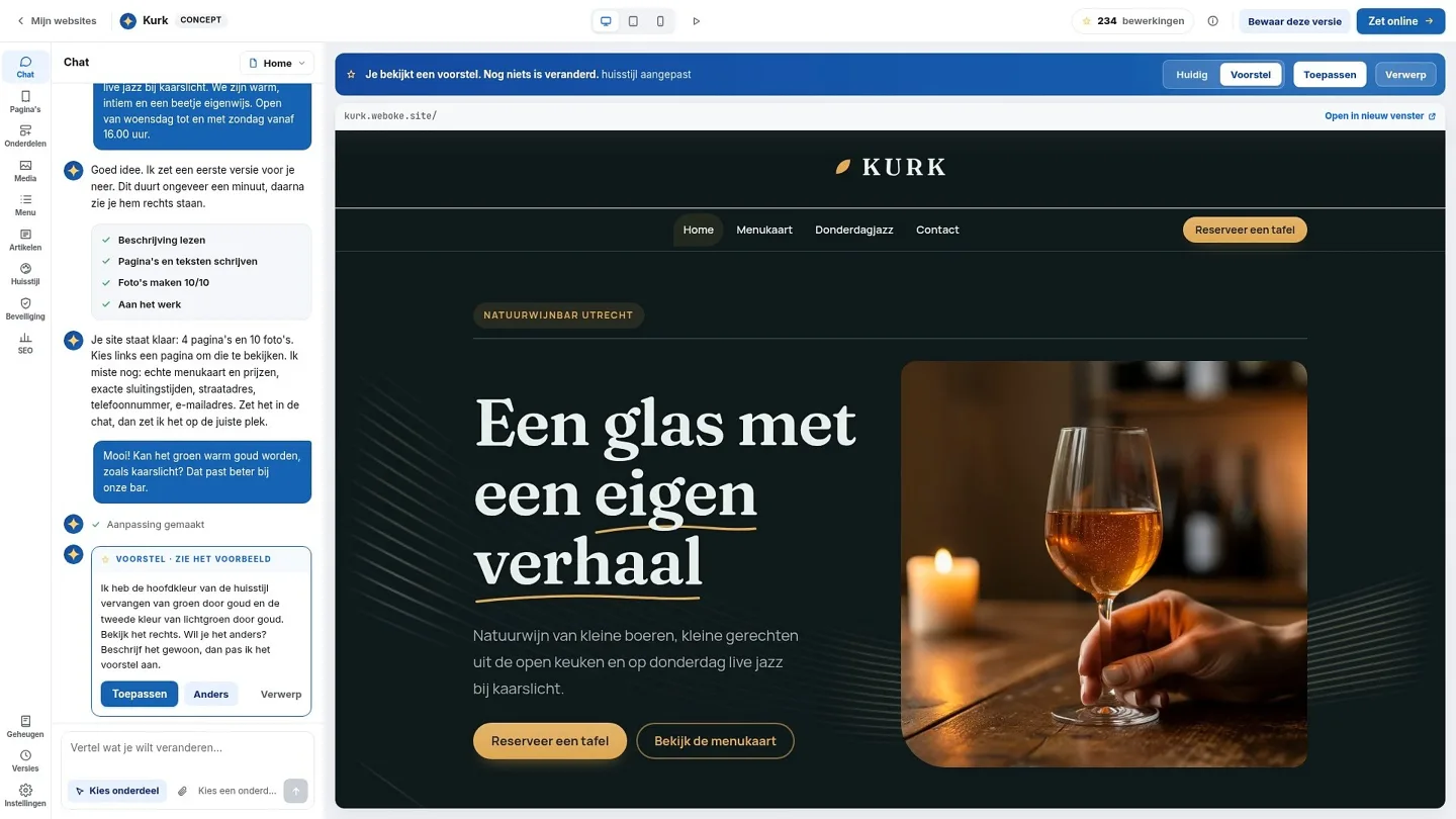 A proposal in the chat to make the brand colours gold. On the right you already see the proposal in the site, on the left is the button to apply it.